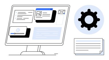 Masaüstü ekranında parçacıklar gösteriliyor. E-posta, video, resim ve metin, ayarlar ve belgelerle eşleştirilmiş. Teknoloji, takım çalışması, verimlilik, UI yapılandırma iş akışı için ideal
