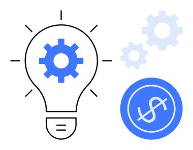 Gömülü teçhizatlı ampul, mavi dişliler ve dolar işareti. Yenilik, strateji, finans, üretkenlik, teknoloji yaratıcılığı geliştirme için idealdir. Basit bir düz metafor.