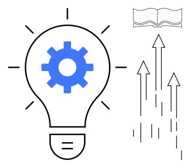 Dişli ampul yenilik ve bilgiyi simgeler, eğitim için açık kitap, büyüme için oklar. Yaratıcılık, öğrenme, teknoloji, ilerleme, strateji çözümleri için idealdir. Basit düz