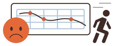 Şebekede aşağı eğimli çizgi grafiği, hayal kırıklığını ifade eden üzgün yüz, kaçan insan. Ticari başarısızlık, kayıp, düşüş, negatif büyüme, gerileme, basit düz metafora meydan okuma için idealdir