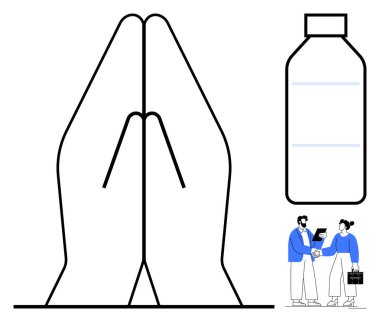 Dua eden eller, bir su şişesi ve iki profesyonel el sıkışıyor. İşbirliği, susuzluk, farkındalık, meditasyon, maneviyat, beslenme ve ortaklık fikrini öneriyorlar. A