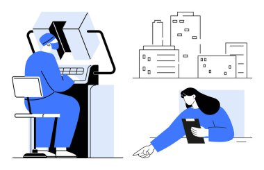 Kullanıcı mekanizması, tablet tutan ve işaret eden kadın, şehir binalarının taslağı. Çalışma süreci, teknoloji, takım çalışması, endüstriyel tasarım, kentsel kalkınma, iş akışı için ideal basit