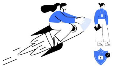 Kadın rokete binmek gelişimi ve yeniliği simgeler. Kilitli mavi kalkan güvenliği sağlar. Profesyonel olmak, bilginin ve hazırlığın olduğunu gösterir. Girişimcilik ve yenilik için ideal