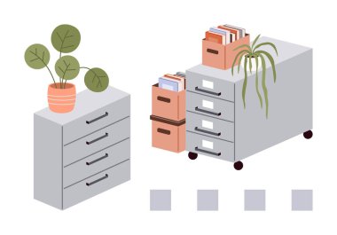 Çekmeceli dosya dolapları, üstünde bitkiler ve istiflenmiş kitaplar dağınıklıktan arınmış bir çalışma alanı yaratıyor. Organizasyon, verimlilik, ofis dekorasyonu, minimalizm, iş-yaşam dengesi, yapı sade