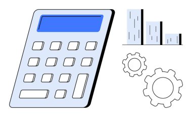 Hesap makinesi, çubuk grafikleri ve hesaplamaları, veri analizini, performans ölçümlerini ve işlem optimizasyonunu sembolize eden vitesler. Finans, muhasebe, iş stratejisi ve analitik için ideal. Mükemmel.