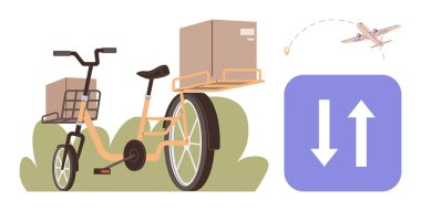 Bisiklet kutuları, gökyüzünde istikameti belirten uçak ve yön gösteren ok simgesi. Nakliye, kurye hizmeti, eko-ulaşım, tedarik zinciri, mal taşınabilirliği, lojistik sürdürülebilir