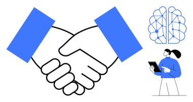 Ortaklığı temsil eden bir tokalaşma, yapay zekayı gösteren bir sinir ağı ve bir tabletle meşgul olan bir kişi. Takım çalışması, yapay zeka, teknoloji, yenilik, iletişim için ideal
