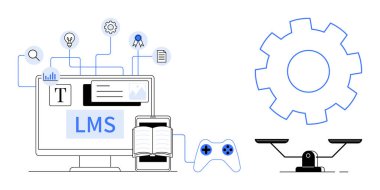 LMS arayüzü, ders kitabı, oyun kumandası, vites ve denge ölçeği olan bilgisayar ekranı. E-öğrenim, eğitim, gamifikasyon, karar verme entegrasyonu, kullanıcı dostu verimlilik için ideal