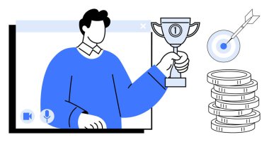 Videodaki kişi, elinde kupa, bozuk para desteleri ve hedefli dart tahtası tutuyor. Başarı, ödül, başarı, finans, çevrimiçi liderlik hedefi belirlemek için ideal. Basit düz metafor