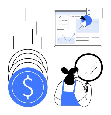 Yığınla bozuk para, grafikli analitik panel ve pasta tablosu ve büyüteçli bir kadın. Finans, analitik, iş stratejisi, yatırım, araştırma, büyüme ve basit bir iniş için ideal