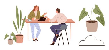 İki meslektaş masadaki bir dizüstü bilgisayarın yanında, saksılarda canlı yeşil bitkilerle gündelik sohbete daldı. Takım çalışması, işbirliği, iletişim, ofis dekorasyonu, takım çalışması, iş hayatı dengesi için ideal