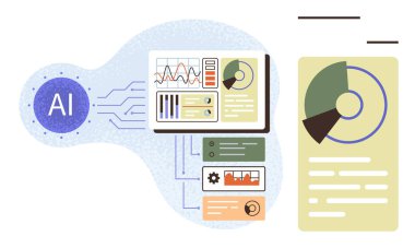 Yapay zeka, bir rapora bağlı grafikleri, grafikleri ve metrikleri gösteren gösterge paneli ile veri işler. Analiz, teknoloji, karar verme, strateji, yenilik, bilim makinesi öğrenimi için ideal