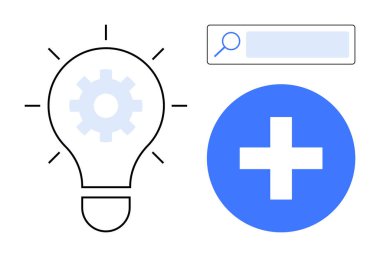 Dişli ikonlu ampul, yatay arama çubuğu ve mavi artı işareti. Yenilik, çözüm, yaratıcılık, keşif, karar verme, işbirliği ve basit iniş sayfası için ideal