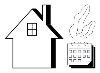 Pencereli ev, takvim yığını ve dekoratif bitki çizelgesi planlama, iç tasarım, olay planlama ve konut yönetimi öneriyor. Emlak, ev tadilatı ve kira için ideal.