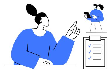 Mavi kazaklı kadın yukarı bakıyor. Tamamlanmış görevleri olan kontrol listesi, tablet tutan başka bir şahıs. Takım çalışması için ideal, üretkenlik, planlama, görev yönetimi, hedef belirleme, liderlik basit