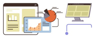 Analitik çizelgeler, pasta grafiği ve çizgi grafiği dijital torpido gözünde. İş, veri yönetimi, analitik, teknoloji, sunum stratejisi ekip çalışması için ideal. Basit düz metafor