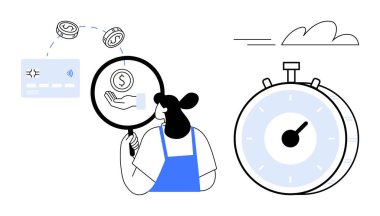 Elinde kredi kartı ve bozuklukları inceleyen bir kadın. Kronometre aciliyeti simgeliyor. Bulutlar yukarıda. Finans, bütçe, analiz, zaman yönetimi, tasarruf ve yatırım planlama için ideal