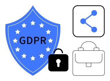 Yıldızlı GDPR kalkanı, güvenlik için asma kilit, ağ paylaşım simgesi ve uyumu, mahremiyeti ve veri yönetimini simgeleyen evrak çantası. Hukuki, güvenlik ve teknoloji eğitimi için ideal