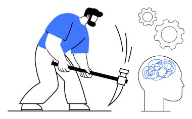 Kafa çarklarındaki karmaşık düşünceleri ele almak için kazma kullanan adam problem çözmeyi ve yeniliği sembolize ediyor. Zihinsel sağlık, berraklık, odaklanma, strateji, beyin fırtınası, üretkenlik, basit