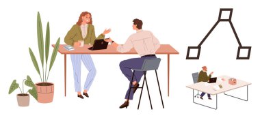 İki meslektaş bir masada dizüstü bilgisayarla, akış şeması sembolleriyle ve yakınlardaki bitkilerle proje ilerlemesini tartışıyorlar. Takım çalışması, planlama, proje yönetimi, işyeri işbirliği, fikir paylaşımı için ideal