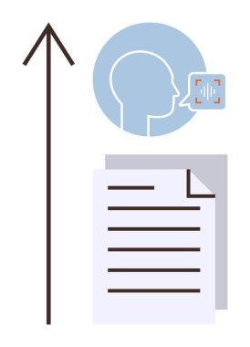 Ses tanıma kutusu olan baş profili, metin satırlı belge, ilerlemeyi sembolize eden yukarı doğru ok. Yapay zeka, iletişim, yenilik, iş akışı, verimlilik belgeleri için ideal. Temiz
