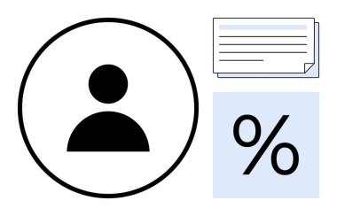 Dairesel kullanıcı avatarı, kalın bir yüzdelik istatistik ve çok satırlı belge kağıdının yanında. Kullanıcı yönetimi, veri izleme, performans ölçümleri, analitik, raporlama, istatistik, basit
