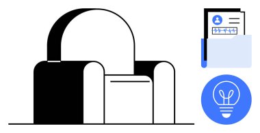 Kullanıcı belgelerinin olduğu bir dosya klasörünün ve yaratıcılığı temsil eden bir ampulün yanındaki koltukta. İş yeri, çalışma alanı, yenilik, organizasyon, konfor, modern tasarım ve basit iniş sayfası için ideal