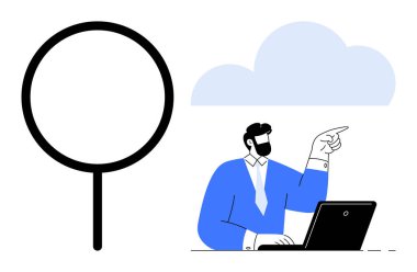 Masasında dizüstü bilgisayar işaretleri olan bir adam, büyüteç araştırma, teknoloji ya da fikirleri temsil ederken. İş için ideal, yenilik, keşif, analiz, bulut hesaplama, problem çözme basit