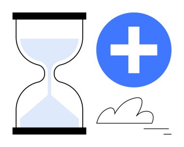 Mavi kumlu kum saati, mavi artı simge ve soyut bulut sembolü. Zaman yönetimi, sağlık, üretkenlik, bulut depolama, pozitiflik, basit bir iniş sayfası planlamak için ideal