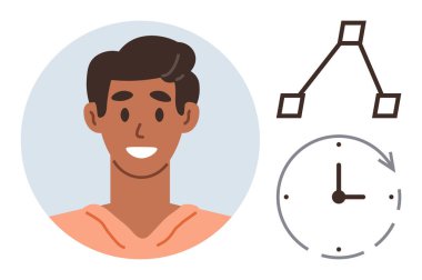 Dairesel çerçevenin içindeki gülümseyen genç adam, ilerlemeyi gösteren oklu saat ve geometrik bağlantı düğümleri. Zaman yönetimi, ağ oluşturma, takım çalışması, üretkenlik, büyüme ve planlama için ideal