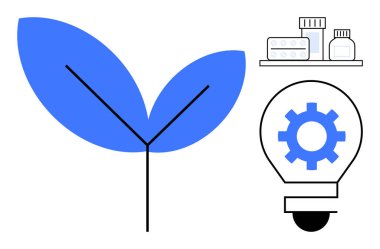 Sürdürülebilirliği temsil eden yaprak, ampul yeniliği dişli ve tıbbi malzeme rafıyla sembolize ediyor. Sağlık, eko-yenilik, çevre bilimi, biyoteknoloji, sürdürülebilir