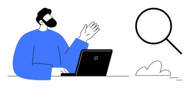 Masasında dizüstü bilgisayarı olan bir adam, büyük bir büyüteçin yanında el sallıyor, arama, araştırma ve bağlantıyı temsil ediyor. İş için ideal, web araması, çevrimiçi öğrenme, teknoloji iletişimi