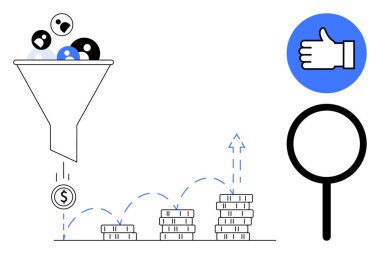 Kullanıcı simgelerini madeni paraya çeviren bacalar, büyümeyi gösteren madeni paralar, onay başparmakları ikonu ve büyüteç. Pazarlama, satış hunisi, ROI, müşteri dönüştürme, kurşun için ideal