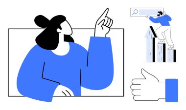 Bir arama çubuğuna ulaşmak için yukarı ve bireysel tırmanış sütunlarını işaret eden kişi, büyümeyi, yaratıcılığı, takım çalışmasını, hedef belirlemeyi, stratejiyi, vizyonu ve başarıyı sembolize ediyor. Liderlik yeniliği için ideal