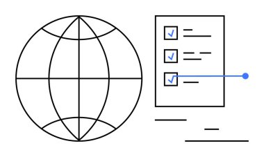 İşaretlenmiş üç görev ve minimum tasarım elemanı olan bir kontrol listesinin yanındaki dünya ana hatları. Planlama, organizasyon, takım çalışması, hedef belirleme, strateji, küresel ulaşım, basit iniş sayfası için ideal