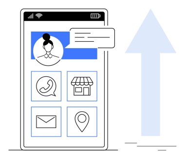 Arama, depolama, e-posta ve konum için kullanıcı profili, mesaj balonu ve uygulama simgeleri içeren akıllı telefon ekranı. İletişim, bağlantı, seyrüsefer mobil uygulamaları için ideal UIUX tasarımı