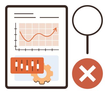 Grafik, dişli, kontrol kaydıracı, büyüteç ve hata ikonu içeren analiz raporları. Analiz, hata tespit, araştırma, veri yönetimi stratejisi için ideal