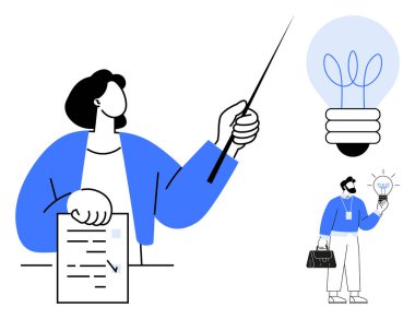 Elinde bir belge tutan ve bir sopayla işaret eden kadın figürü, yeniliği sembolize eden büyük ampul, evrak çantası ve ampulü olan erkek profesyonel. İş için ideal, takım çalışması, yenilik, strateji