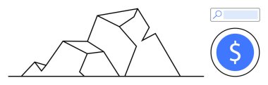 Geometrik dağ oluşumu, minimum arama çubuğu, dolar işaretli mavi daire. Finans, arama çözümleri, yenilik, keşif, zenginlik yönetimi, iş büyümesi için ideal basit iniş sayfası