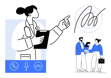 Pano sunan doktor, telekomünikasyon araçlarını gösteriyor, dijital kontratla tokalaşıyor. Sağlık, teletıp, uzaktan çalışma, iletişim, ticaret ve teknoloji için ideal