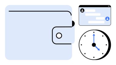Cüzdanı düğme kapama, analog saati mavi oklarla, kullanıcı profili ile sohbet arayüzü. Finans, bütçe, dijital araçlar, üretkenlik, zaman yönetimi, çevrimiçi iletişim için ideal basit