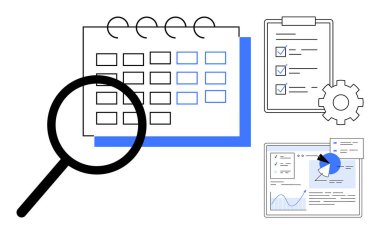 Takvim üzerinde büyüteç, kontrol listesi panosu ve grafikler. Proje yönetimi, üretkenlik, zaman izleme, veri keşfi, görev verimliliği, hedef belirleme ve basit iniş sayfası için ideal