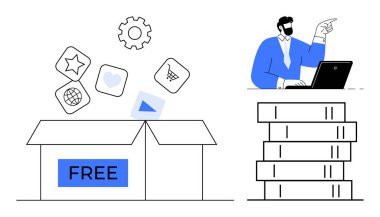 Üzerinde dijital simgelerle FREE etiketli açık kutu, yanında da dizüstü bilgisayarı işaret eden bir profesyonel var. İçerik paylaşımı, e-ticaret, dijital pazarlama, teknoloji, yenilik, takım çalışması, basit daire