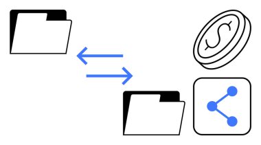 Oklarla birbirine bağlı iki klasör, bir para birimi ve bir paylaşım simgesi. Dosya aktarımı, dijital işlemler, veri alışverişi, işbirliği, fintech, ağ sade iniş sayfası için ideal