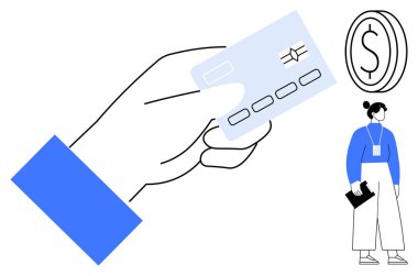 Elinde bir kredi kartı, bir dolar ikonu ve elinde portföy tutan profesyonel bir kadın var. Finans, bankacılık, ödeme, iş, yatırım alışverişi ve finansal planlama için ideal. Basit düz