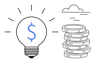 Üzerinde dolar işareti olan ampul minimalist bir bulutun altında bozuk paraların yanına ışık saçıyor. Finans, yenilik, yatırımlar, tasarruflar, iş fikirleri, büyüme ve girişimcilik kavramları için ideal