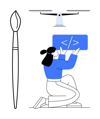 Kodlama sembolü tahtasında diz çökmüş bir kadın, boyalı fırça, uçan bir dron. Yaratıcılık, teknolojik yenilik, kodlama, modern sanat, eğitim, tasarım süreci için ideal basit iniş sayfası