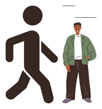 Büyük yaya sembolünün yanında yeşil ceketli ve pantolonlu gülümseyen biri. Güvenlik, tabela, şehir hayatı, trafik kuralları, hareketlilik, iletişim, farkındalık için idealdir. Basit düz metafor