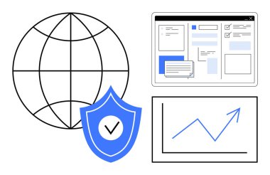 İnternet odaklı dünya, güvenlik işaretli kalkan, web arayüzü düzeni ve analitik şeması. Küresel erişim, siber güvenlik, veri yönetimi, çevrimiçi iş, teknoloji dijital için ideal