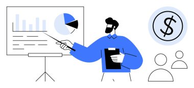 Ekranda bir dolar simgesi ve seyirci figürleriyle çubuk grafik ve pasta grafiği analizini sunan adam. Finans, strateji, büyüme, karar verme, eğitim ve iş planlaması için ideal. Basit bir daire.